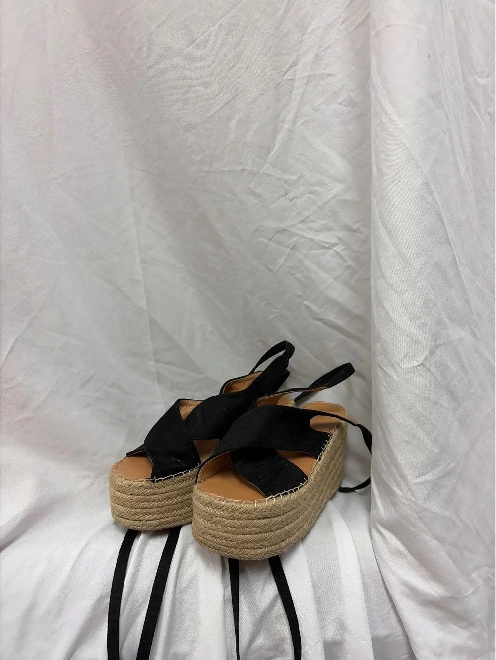 Black Cross Strap Espadrille Platform Sandals with Ankle Tie